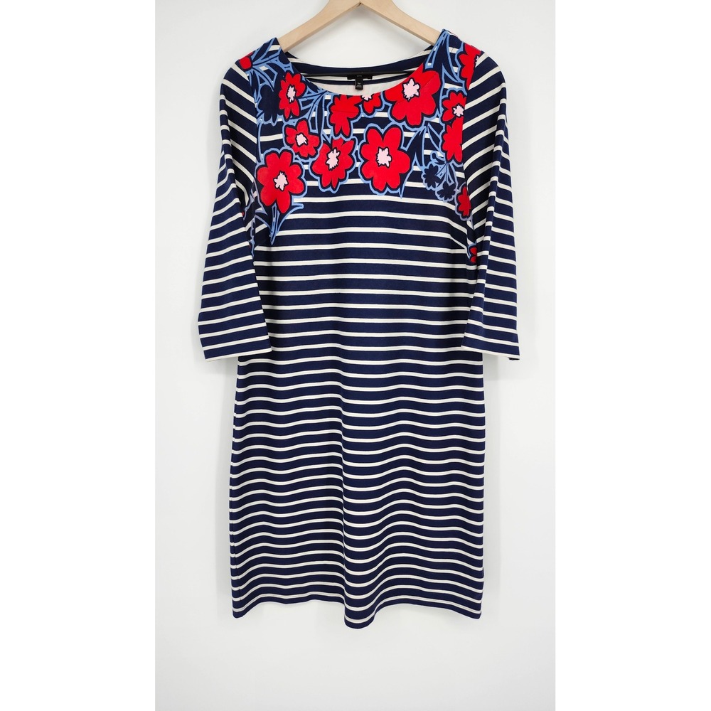 Talbots Womens Navy Stripe Red Floral Knit Sheath Dress Size LP Preppy Nautical